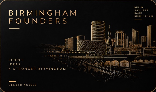 The black and gold Birmingham Founders member card, engraved with the city skyline and the words People, Ideas, A Stronger Birmingham.